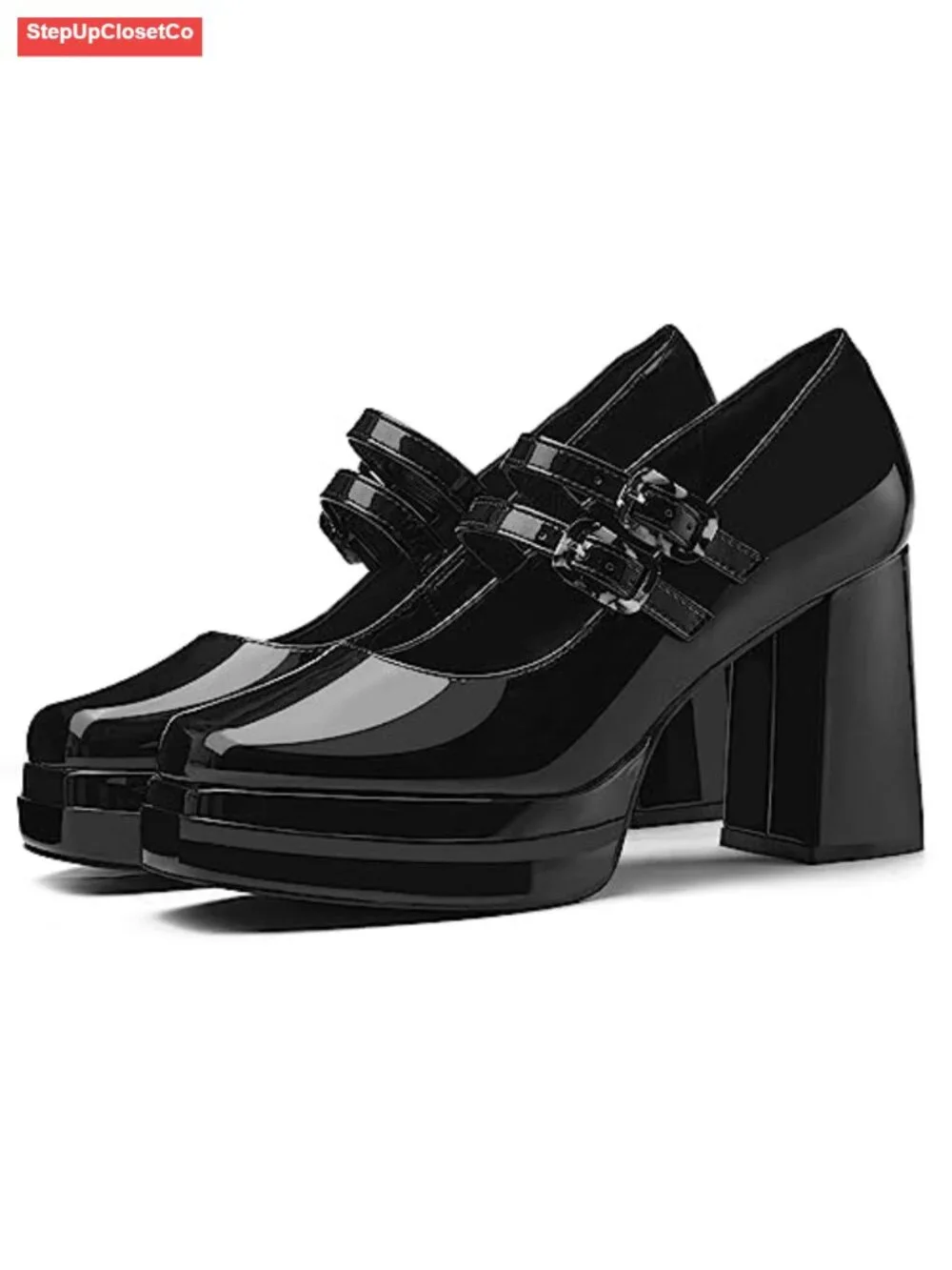 Women Platform Mary Jane Pumps Two Strap Square Toe Chunky Block Heel